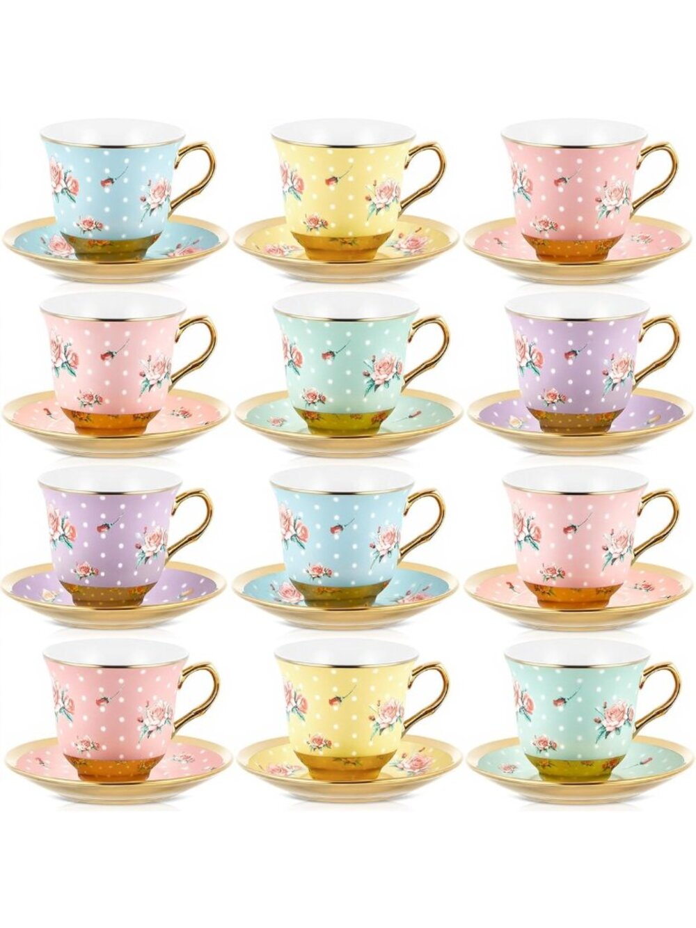 Vintage Tea Cup and Saucer Set of 12, Elegant 5.4 oz Tea Party Collection